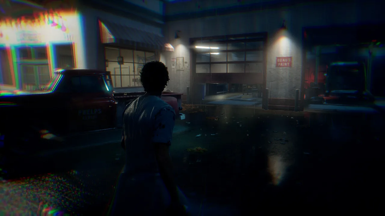 A player moving through a rain-soaked institutional parking area in Halloween: The Game