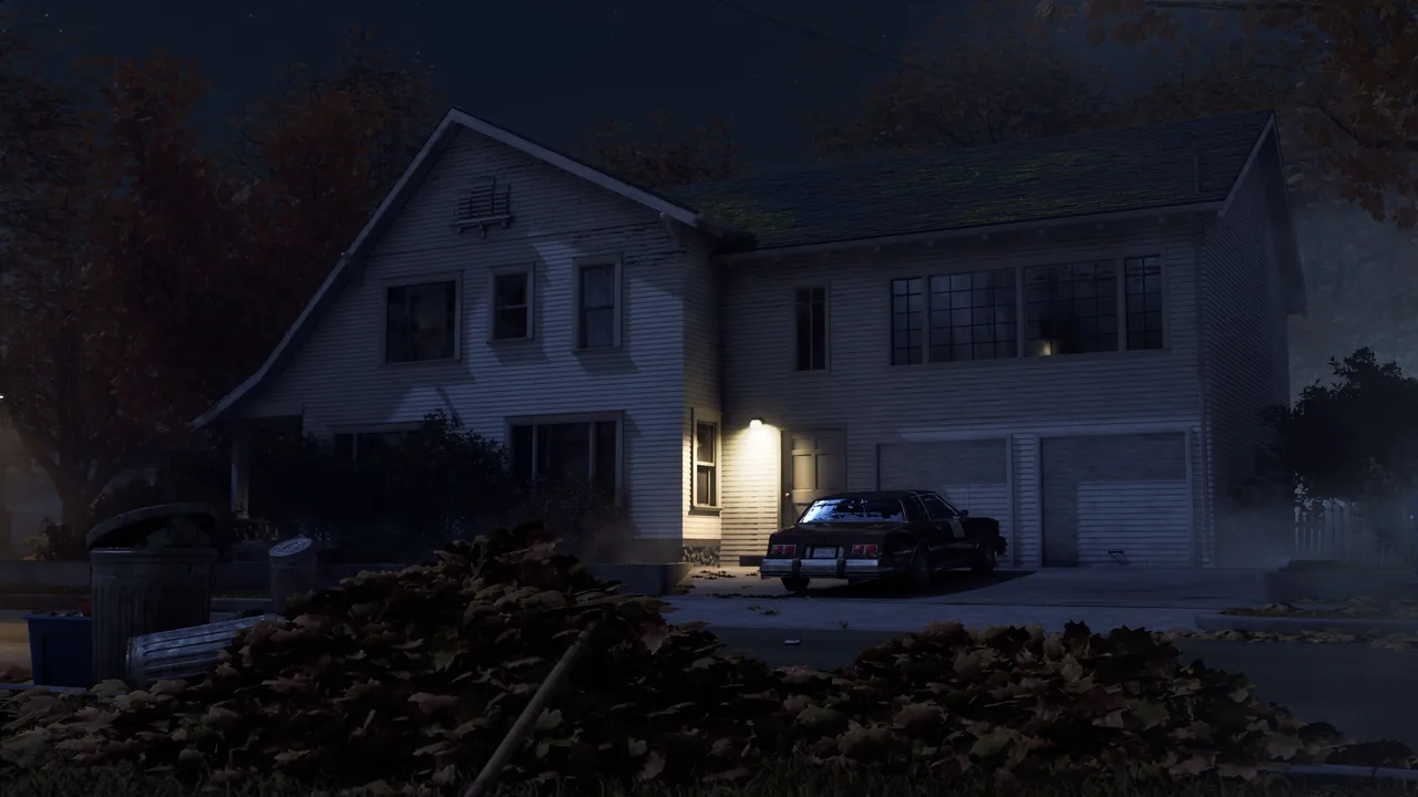 A dark Haddonfield house and police car at night in Halloween: The Game